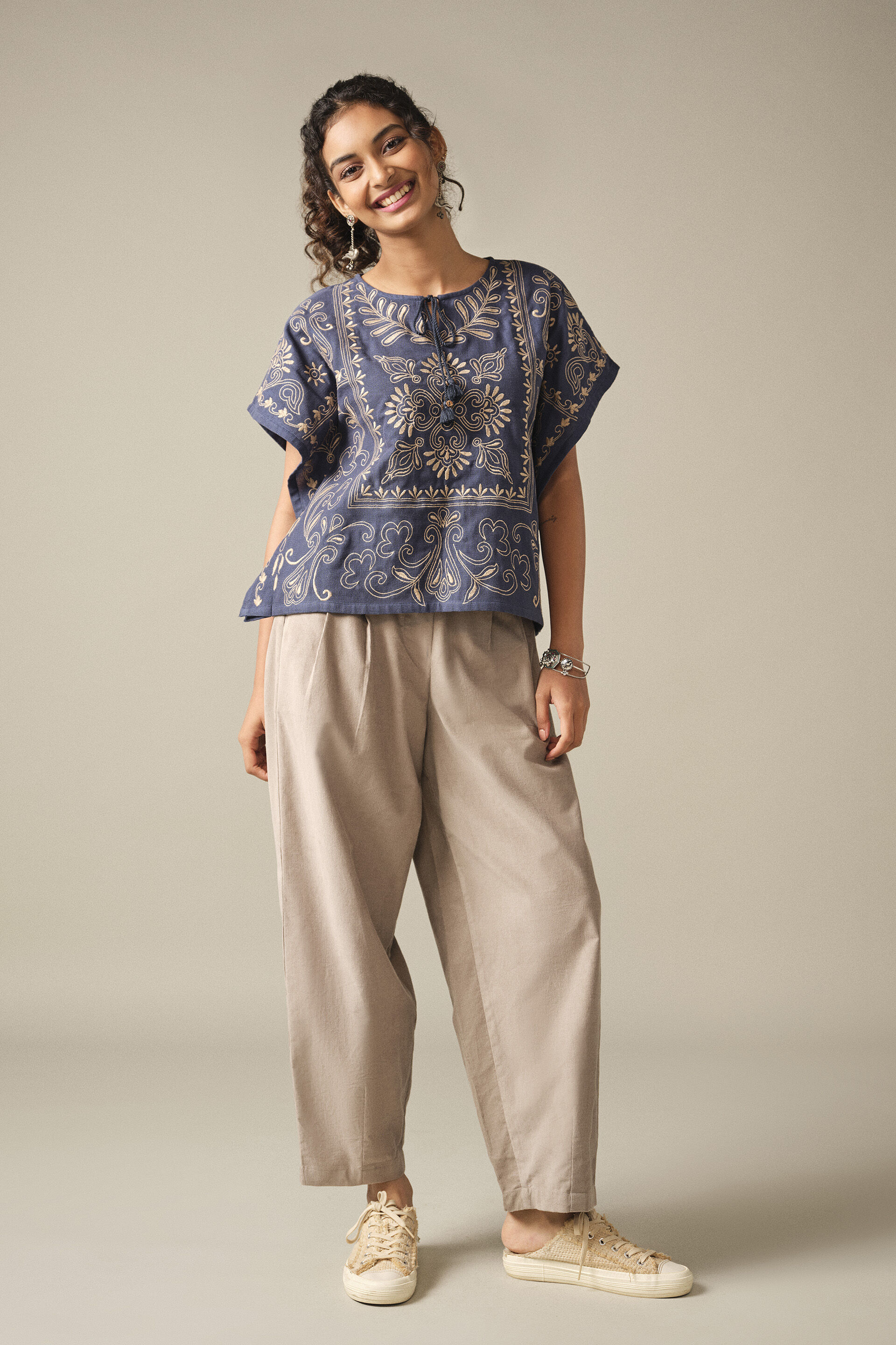 Embroidered Boxy Cotton Top in Indigo, Indigo, image 3